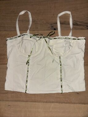 Cream Lace-Trim Cami with Green Ribbon Detail